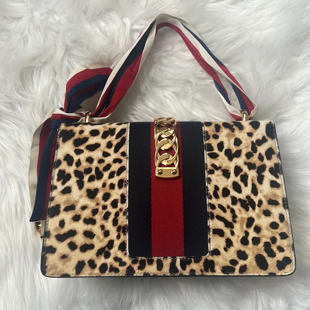 💯% Auth GUCCI Leather Bag - Sylvie Calf Hair Harako Leopard Print Shoulder Bag